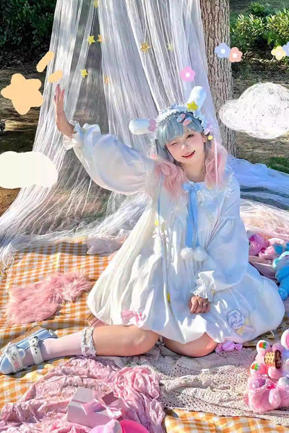 White Doll-Collar Long-Sleeved Candy Bow-Trim Sweet Lolita Dress