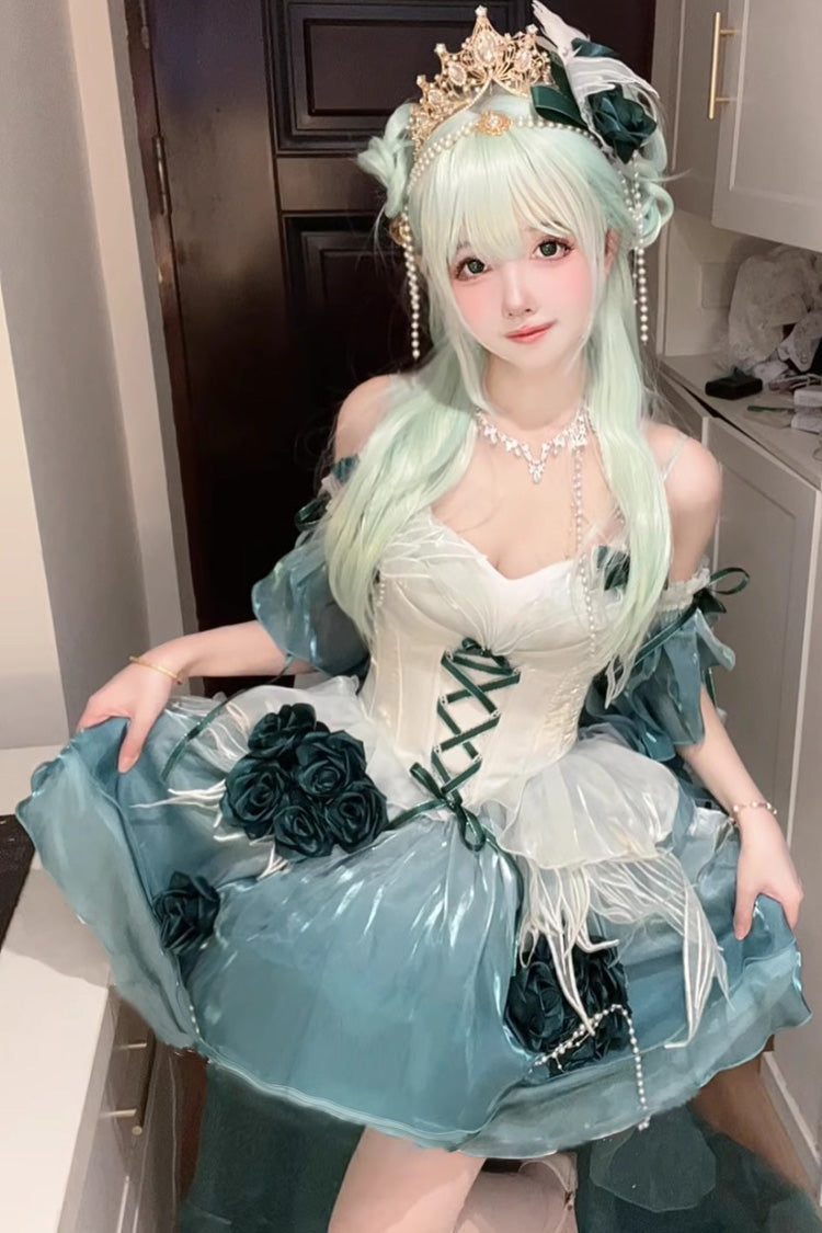Amber Green Sweet Ballet Lolita Swan Wonderland Embroidery Lace-Up Mini JSK Dress
