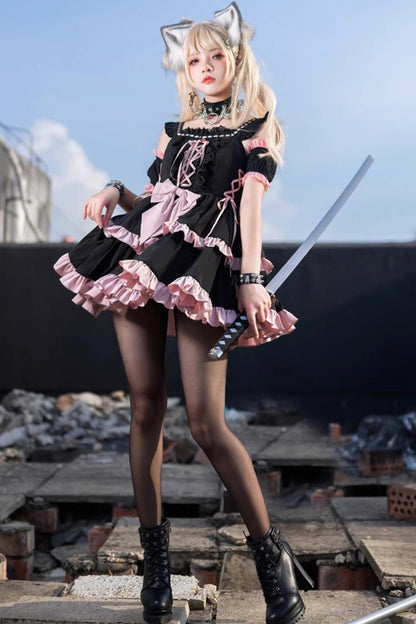 Black Pink Sleeveless Multi-Layer Ruffle Bow Sweet Lolita JSK Dress