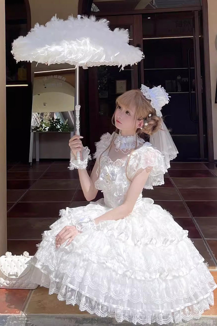 White Feathers Ballad Sleeveless Multi-Layered Ruffle Hanayome Bow Sweet Lolita Jsk Dress