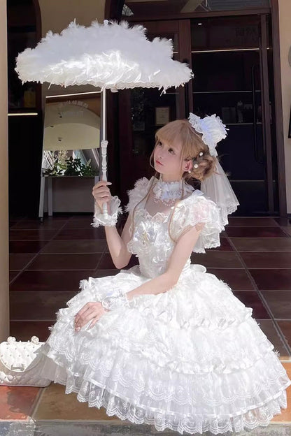 White Feathers Ballad Sleeveless Multi-Layered Ruffle Hanayome Bow Sweet Lolita Jsk Dress