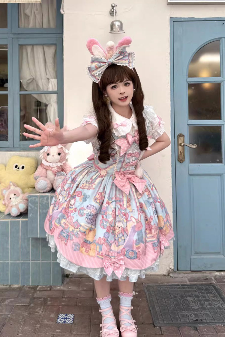 Blue Pink Rainbow Buffy Bunny Sleeveless Double Layer Ribbon Doll Print Ruffle Bow Sweet Lolita JSK Set