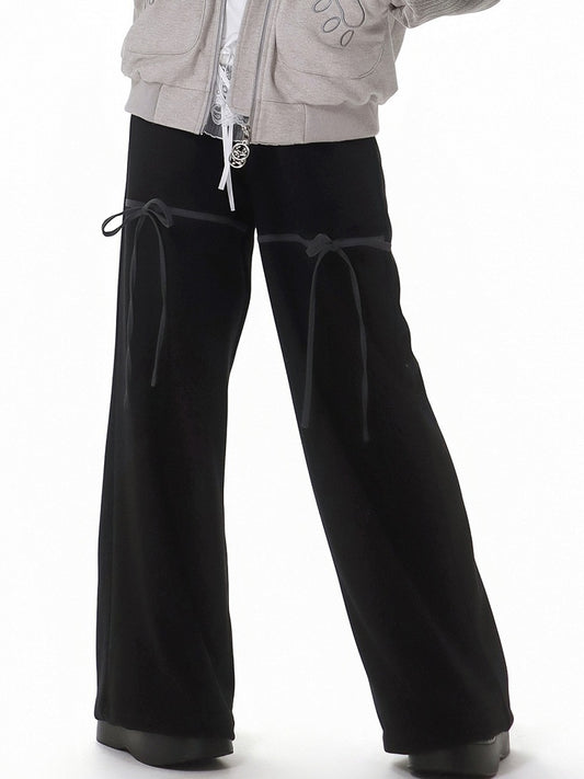 Black Bowknot Wide-LegPull-on Pants