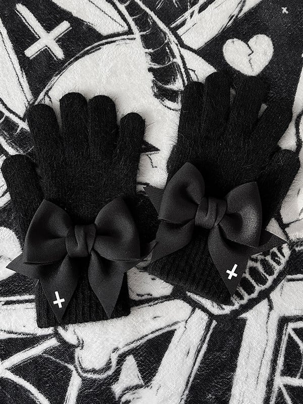 Black Gothic Bowknot Cutout Details at Finger Pads Gloves With White Cross Print
