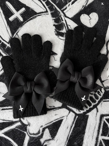 Black Gothic Bowknot Cutout Details at Finger Pads Gloves With White Cross Print