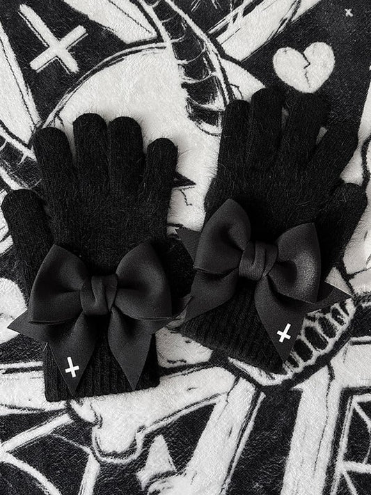 Black Gothic Bowknot Cutout Details at Finger Pads Gloves With White Cross Print