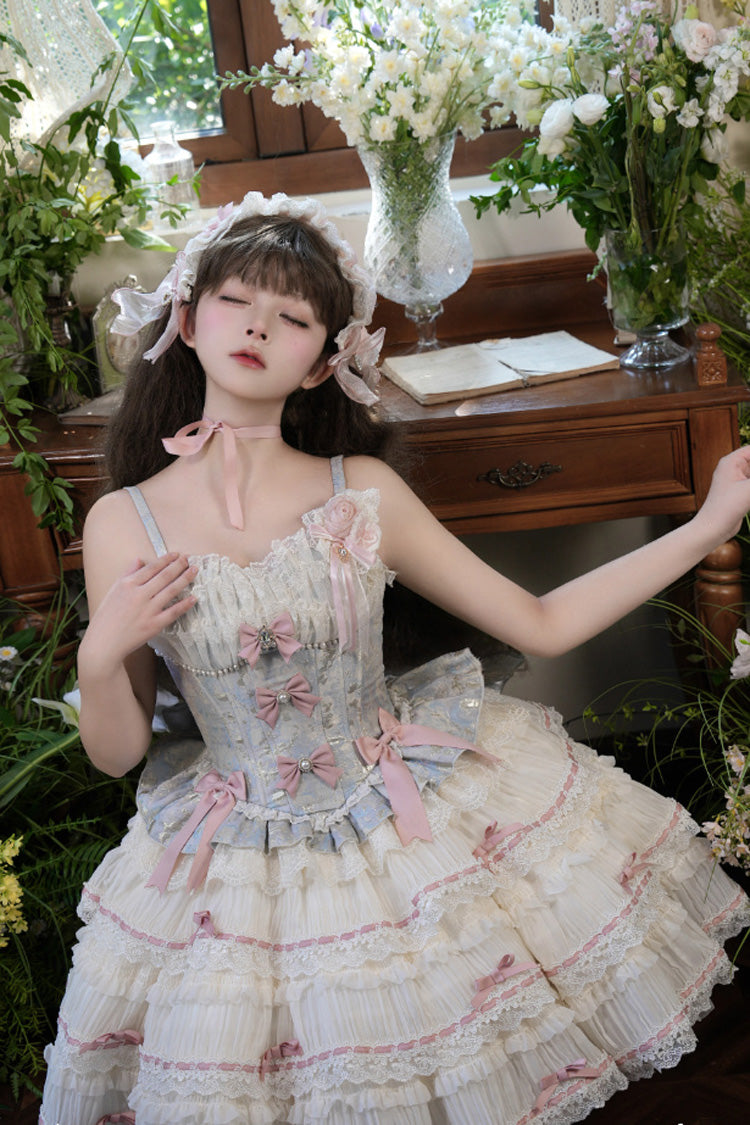 Blue Apricot Sea Salt Souffle Sleeveless Multi-Layer Bow Lace Sweet Ballet JSK Dress