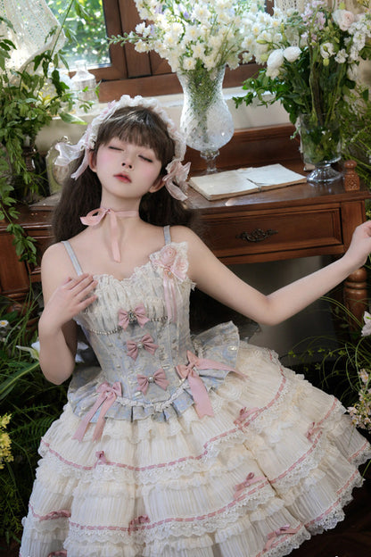Blue Apricot Sea Salt Souffle Sleeveless Multi-Layer Bow Lace Sweet Ballet JSK Dress