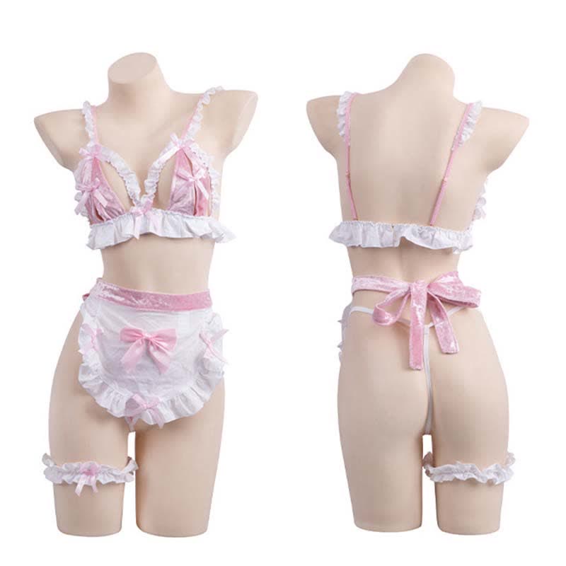 Lingerie bikini ajourée en dentelle avec nœud papillon Pink Maid