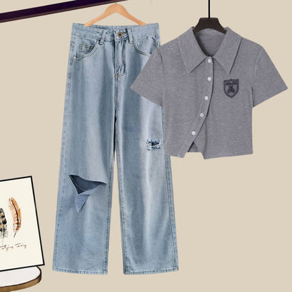 Set Pants T-Shirt Denim Polo Embroidery Ripped