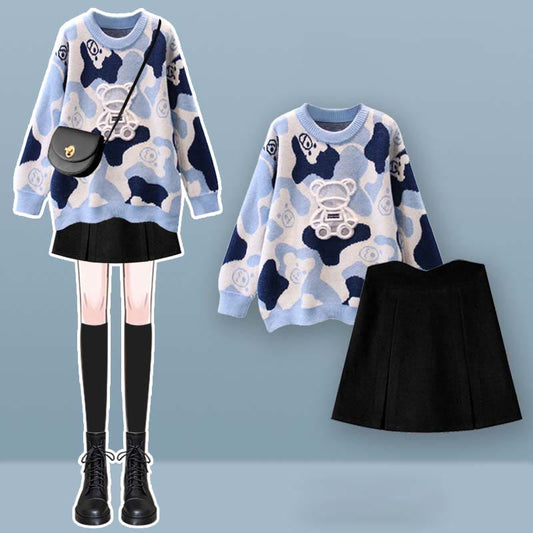 Cartoon Bear Print Sweater Split Skirt Set