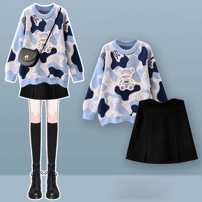 Sweater Bear Cartoon Print Set Split Skirt