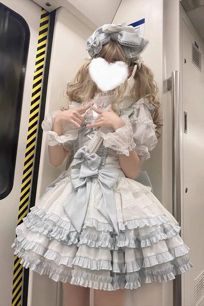 White/Light Blue Multi-layer Ruffle Bowknot Sweet Princess Lolita Jsk Dress (Includes Blouse)