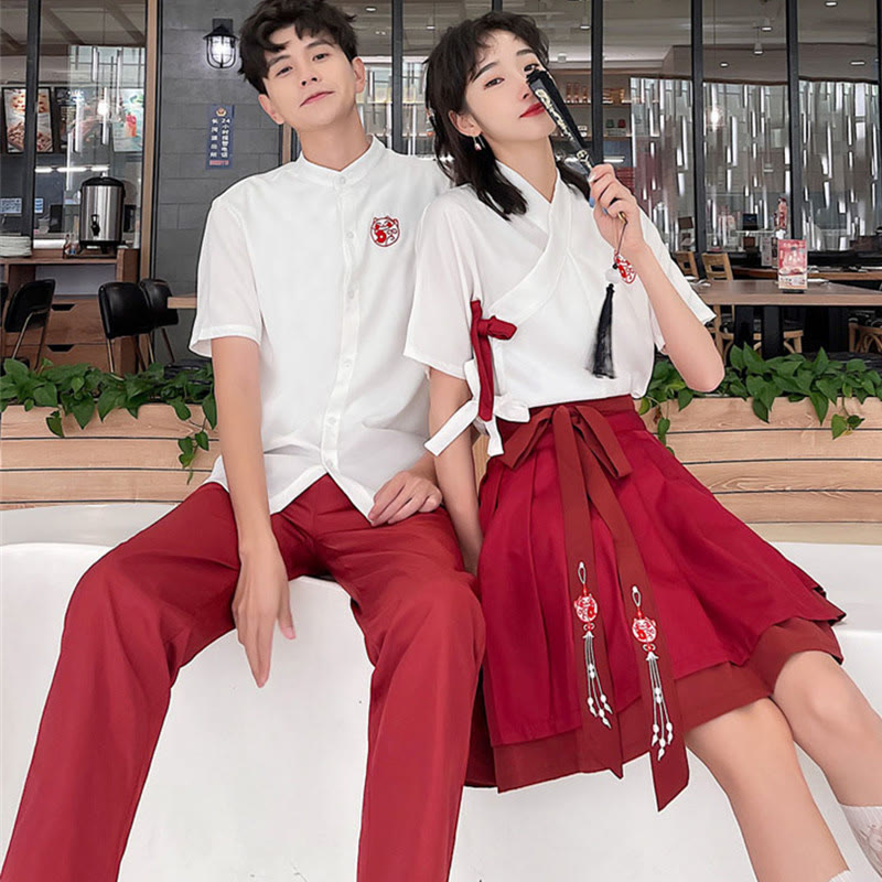 Couple Vintage Embroidery T-Shirt Lace Up Skirt Pants