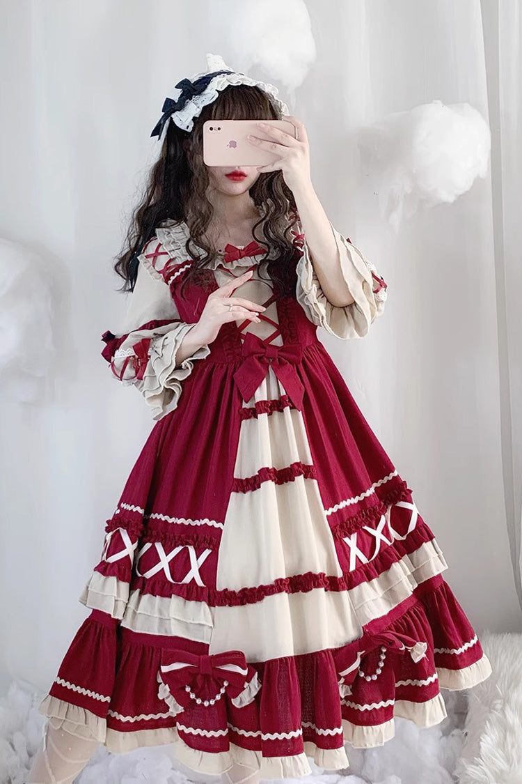 Wine Red Bow-Trim Long-Sleeved Ruffled Sweet Lolita OP Dress