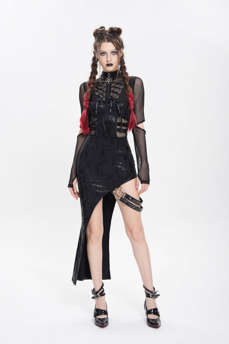 Stand Collar Long Sleeve Stitching Lace-Up Mesh Punk Dress