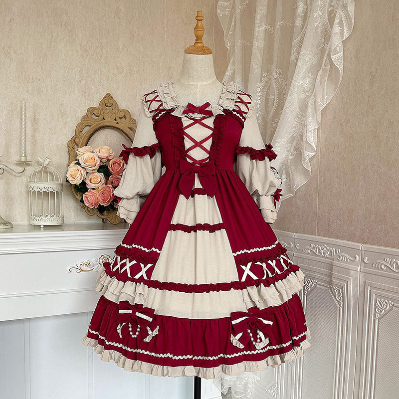 Robe Lolita à lacets avec nœud rouge et décoration