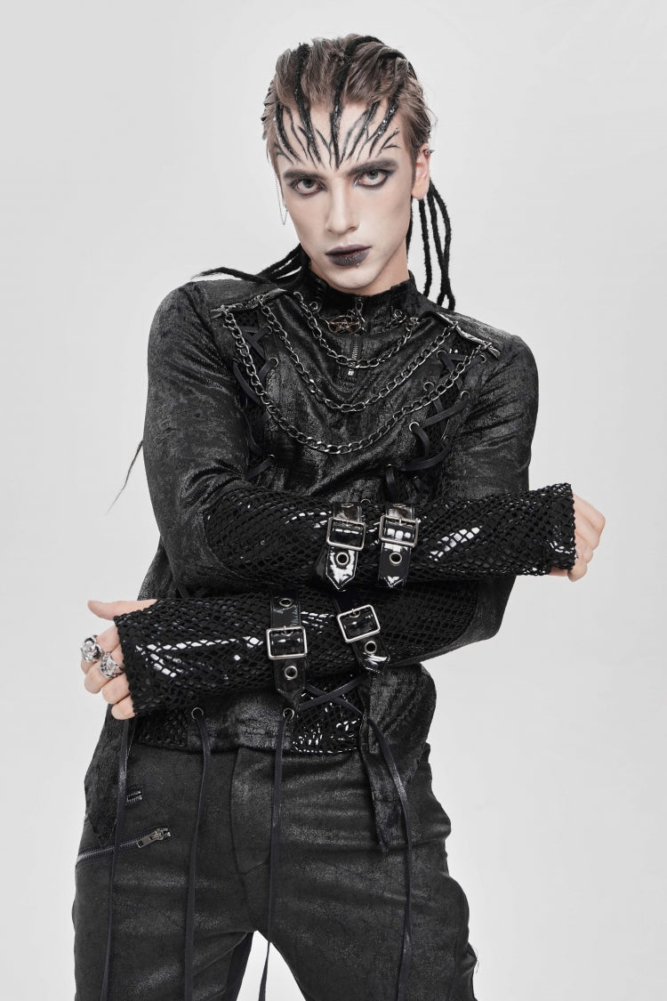 Men's Punk Blouse with Lace-Up Front and Chain Accents