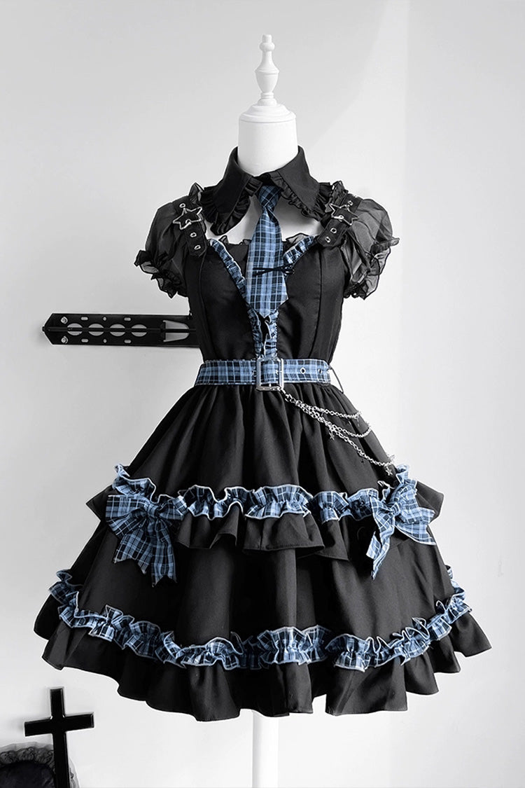 Black Dark Night Starlight Chain Ruffle Bow Lace Buckle Gothic College Lolita Dress Set