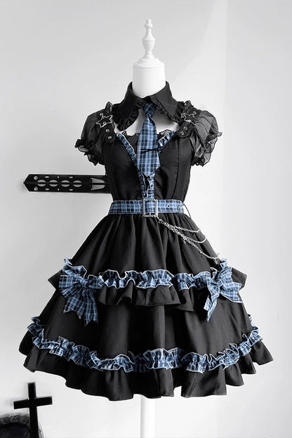 Black Dark Night Starlight Chain Ruffle Bow Lace Buckle Gothic College Lolita Dress Set