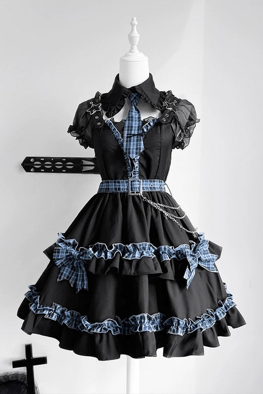 Black Dark Night Starlight Chain Ruffle Bow Lace Buckle Gothic College Lolita Dress Set