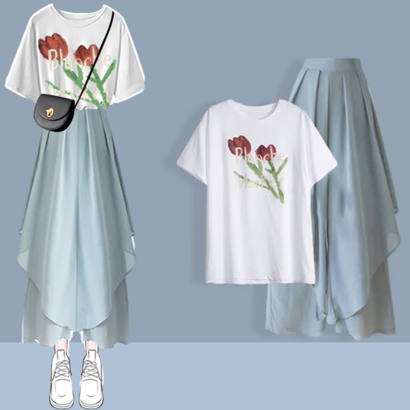 Sommerliches Set aus T-Shirt mit Aufdruck und Chiffonhose mit weitem Bein in Blau