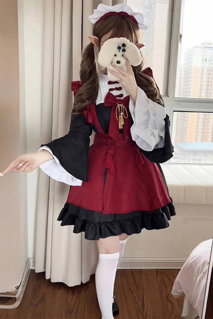 Black and Crimson Maid Long Trumpet Sleeves Ruffle Bow Classic Plus Size Chinese Lolita Set