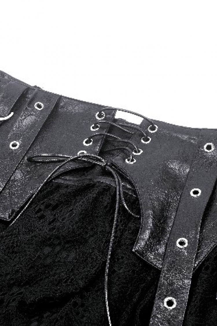 Lace-Up Punk Mini Skirt with Spliced Lace in Black Faux Leather