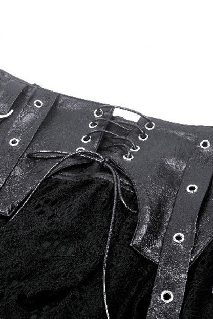 Lace-Up Punk Mini Skirt with Spliced Lace in Black Faux Leather