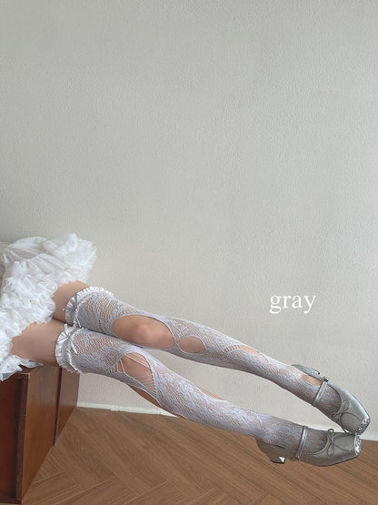 White/Gray/Black Gothic Asymmetrical Design Cut-out Details Overknee Stockings