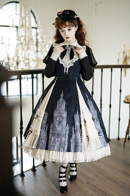 Black White Bell Print Ruffle Bow Lolita Dress