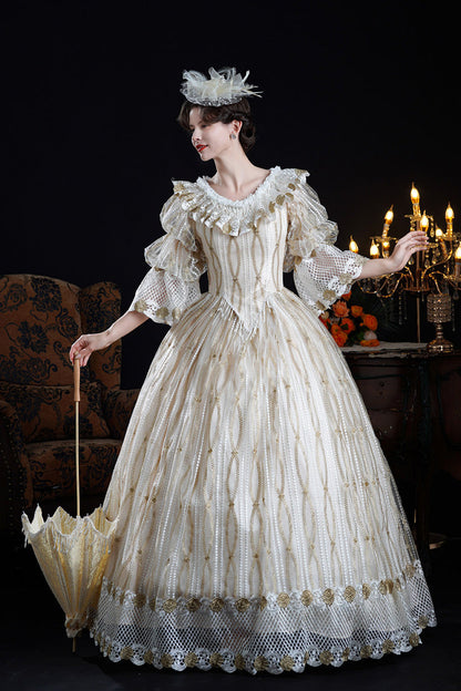 Ruffled Cut-Out Mesh Victorian Dress with Puff Sleeves