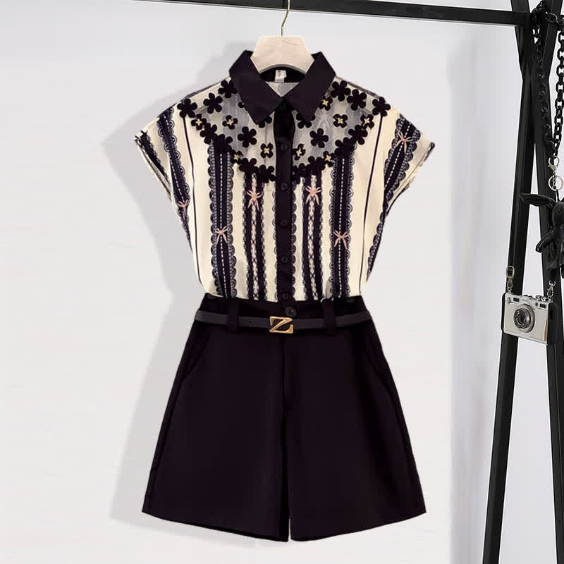 T-Shirt Mesh Casual Belted Print Chiffon Shorts Stripe