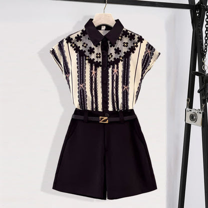 T-Shirt Mesh Casual Belted Print Chiffon Shorts Stripe