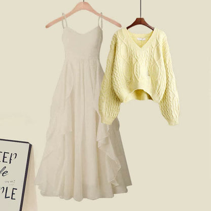 Elegant Knit Flouncing Slip Set Dress Cable Sweater