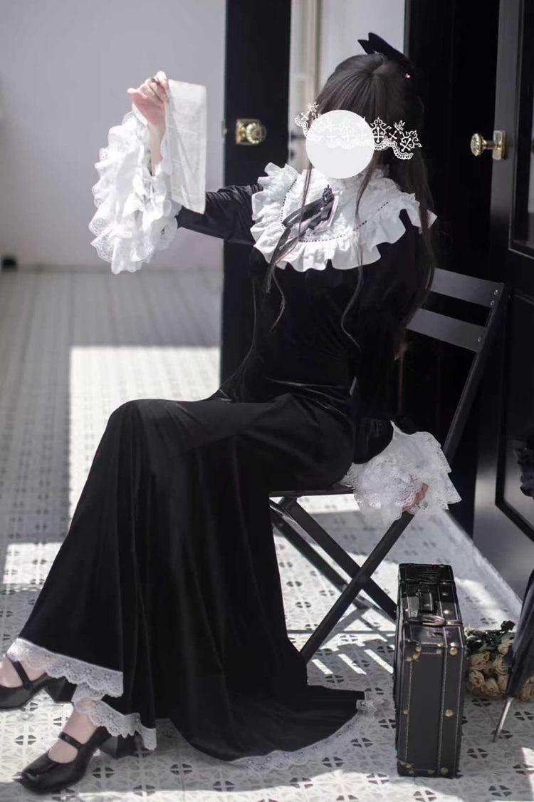 Velvet Gothic Elegant Fishtail Dress with Long Hime Sleeves and Bow - Raven-Feather Poetic Letter