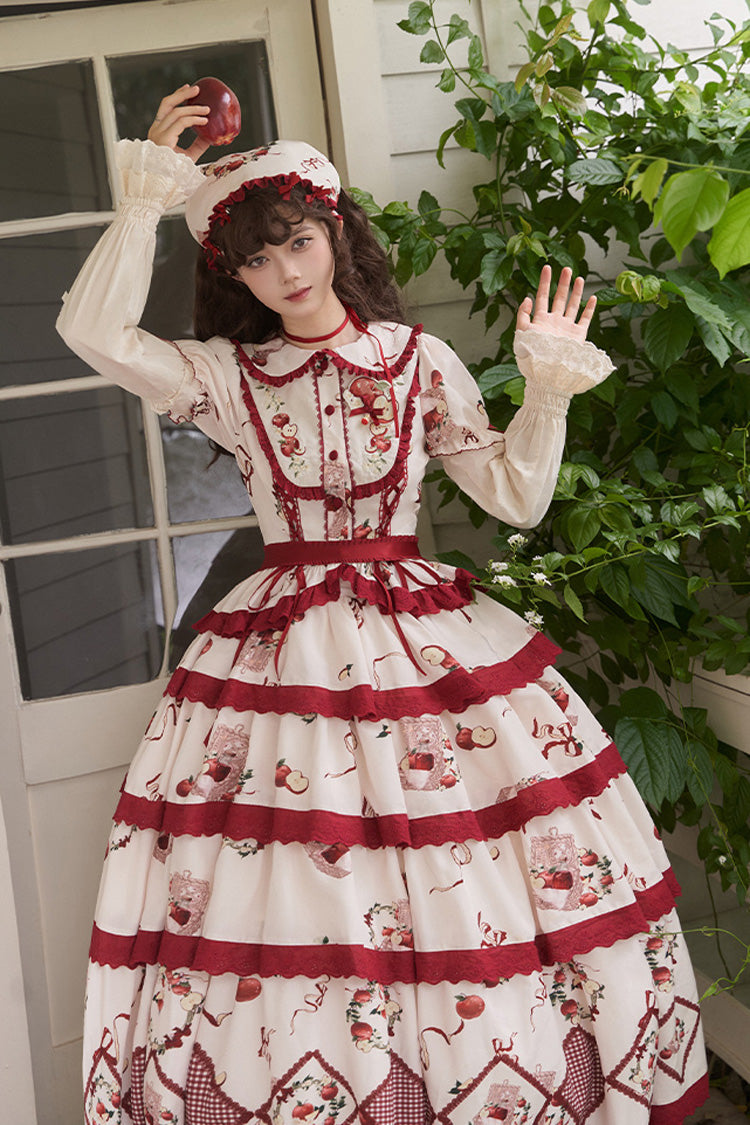 Red Beige Triple-Layer Apple Orchard Print Ruffle Embroidered Long Skirt