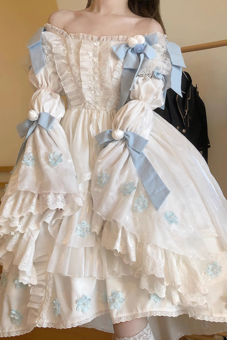 White Boat-Neck Multi-Layer Ruffled Hanayome Bow-Trim Sweet Princess Lolita Strapless Dress