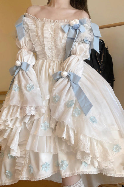 White Boat-Neck Multi-Layer Ruffled Hanayome Bow-Trim Sweet Princess Lolita Strapless Dress