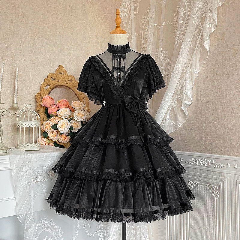 Robe Lolita élégante à col haut et nœud en dentelle