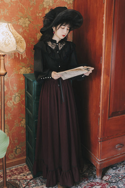 Black Red Long Sleeves High Waist Print Lace Gothic Vintage Lolita Dress Set