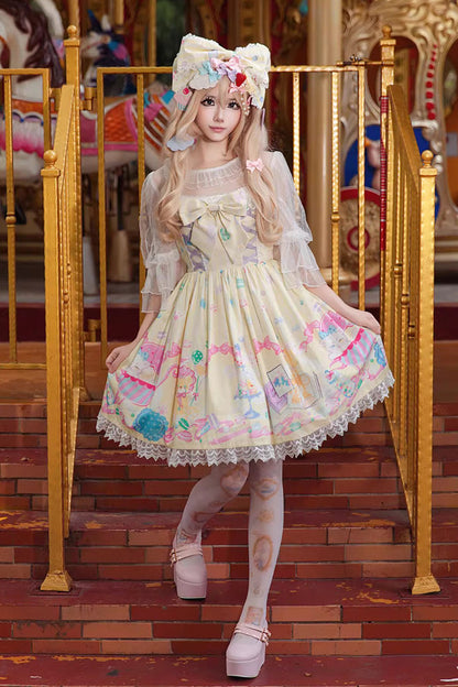 Macaron Dolly House Sleeveless Print Bowknot Lace-Up Sweet Lolita Jsk Dress Colors