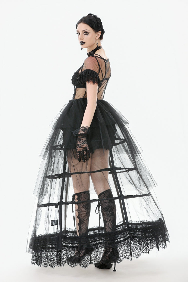 Ebony V-Neck Short Sleeve Sheer Mesh Layered Dress