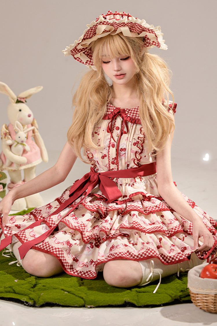 Crimson Three-Tier Cherry Print Ruffle Sweet Lolita Skirt Ensemble
