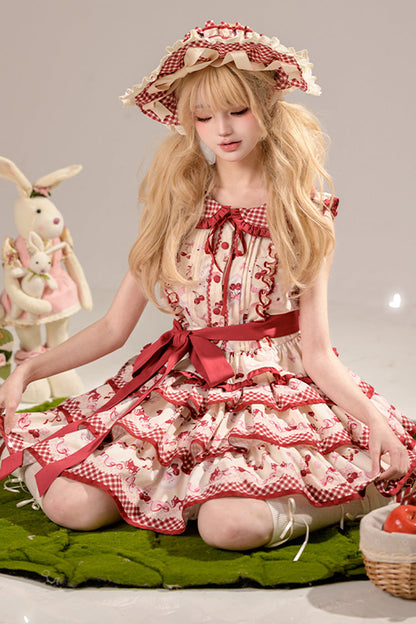 Crimson Three-Tier Cherry Print Ruffle Sweet Lolita Skirt Ensemble