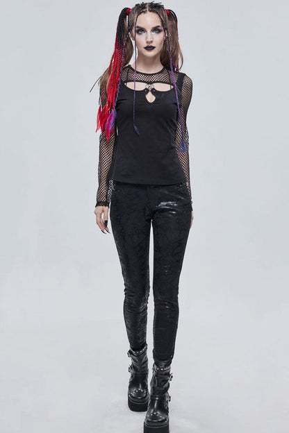 Occult Star Embroidered Deep V Mesh Knit Cotton Tee