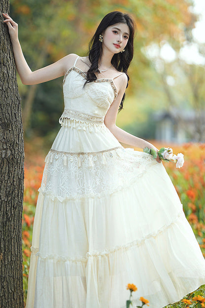 Apricot Bohemian Sleeveless Ruffle Embroidered Sweet Lolita Skirt Set