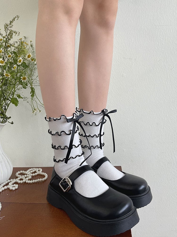 White Calf Socks With Black Bowknot Tiered Ruffle Trims