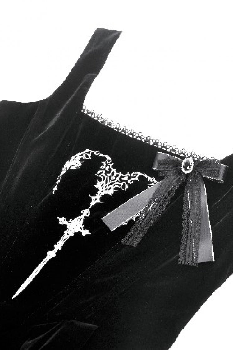 Gothic Women's Velvet Maxi Dress with Embroidered Horns and Lace-Up Back