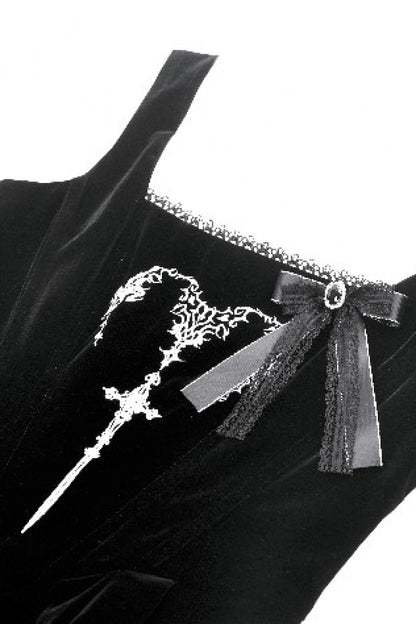 Gothic Women's Velvet Maxi Dress with Embroidered Horns and Lace-Up Back